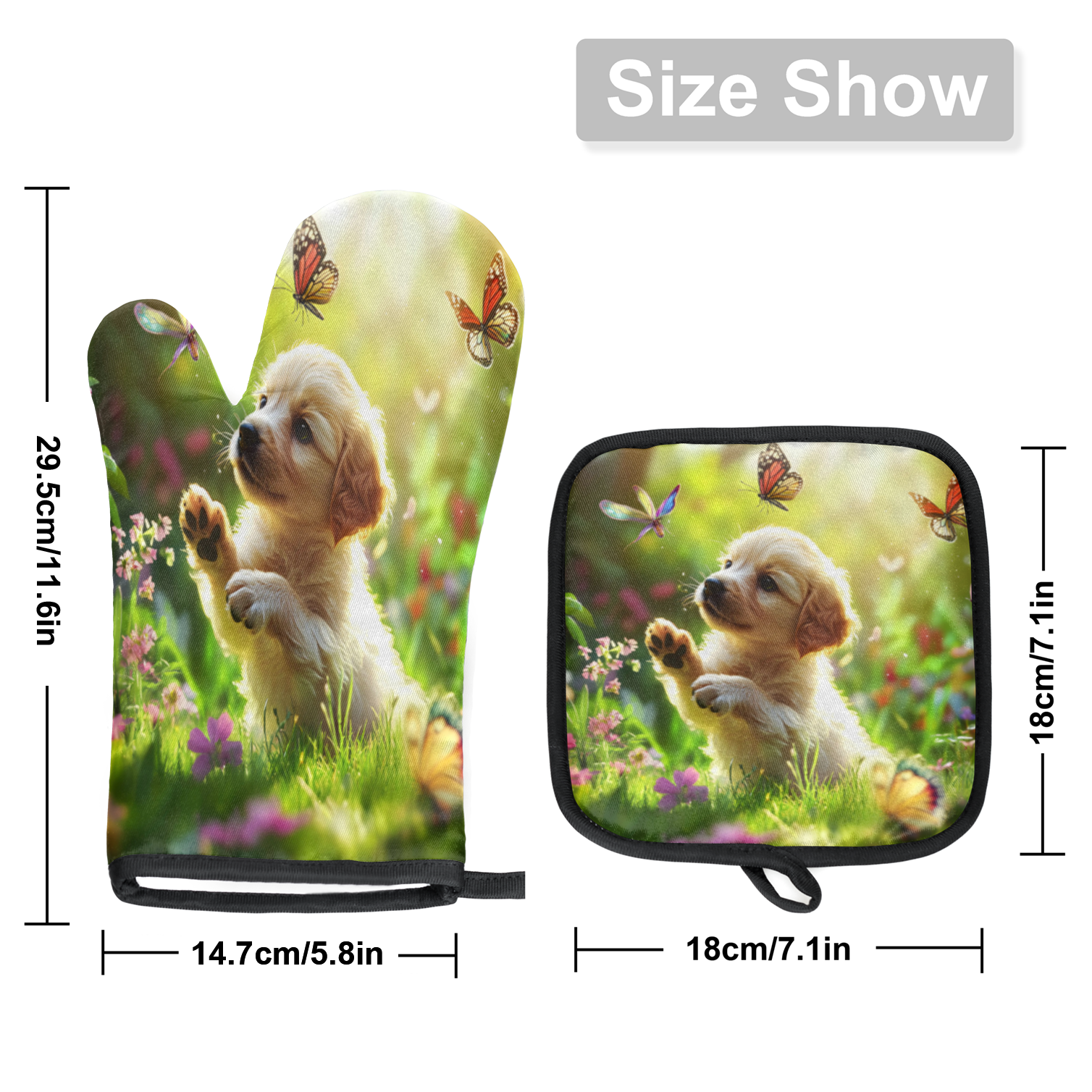 CURLYOOT Cute Dog Jungle Oven Mitts and Pot Holders Sets of 2, Non-Slip Washable Hot Pads and Oven Gloves for Kitchen Cooking Baking