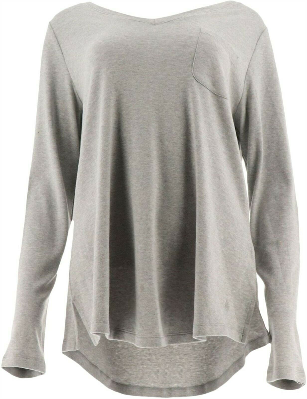 Isaac Mizrahi Essentials Long Slv T-shirt Pocket Hthr Light Grey S NEW A296825 