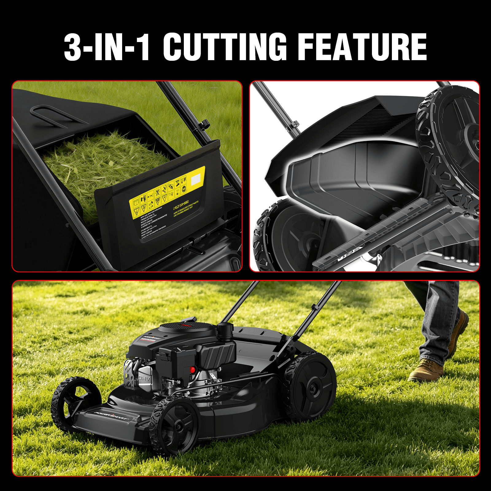 PowerSmart 170CC 22" 3-in-1 Gas Self-Propelled Lawn Mower with 6-Position Height Adjustment