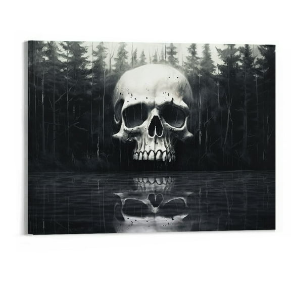 JRXY Large Black and White Skull Canvas Wall Art Abstract Halloween Day of Dead Skeleton Print on Canvas Stretched and Framed Home Bedroom Decor 20x36inch 20x16in