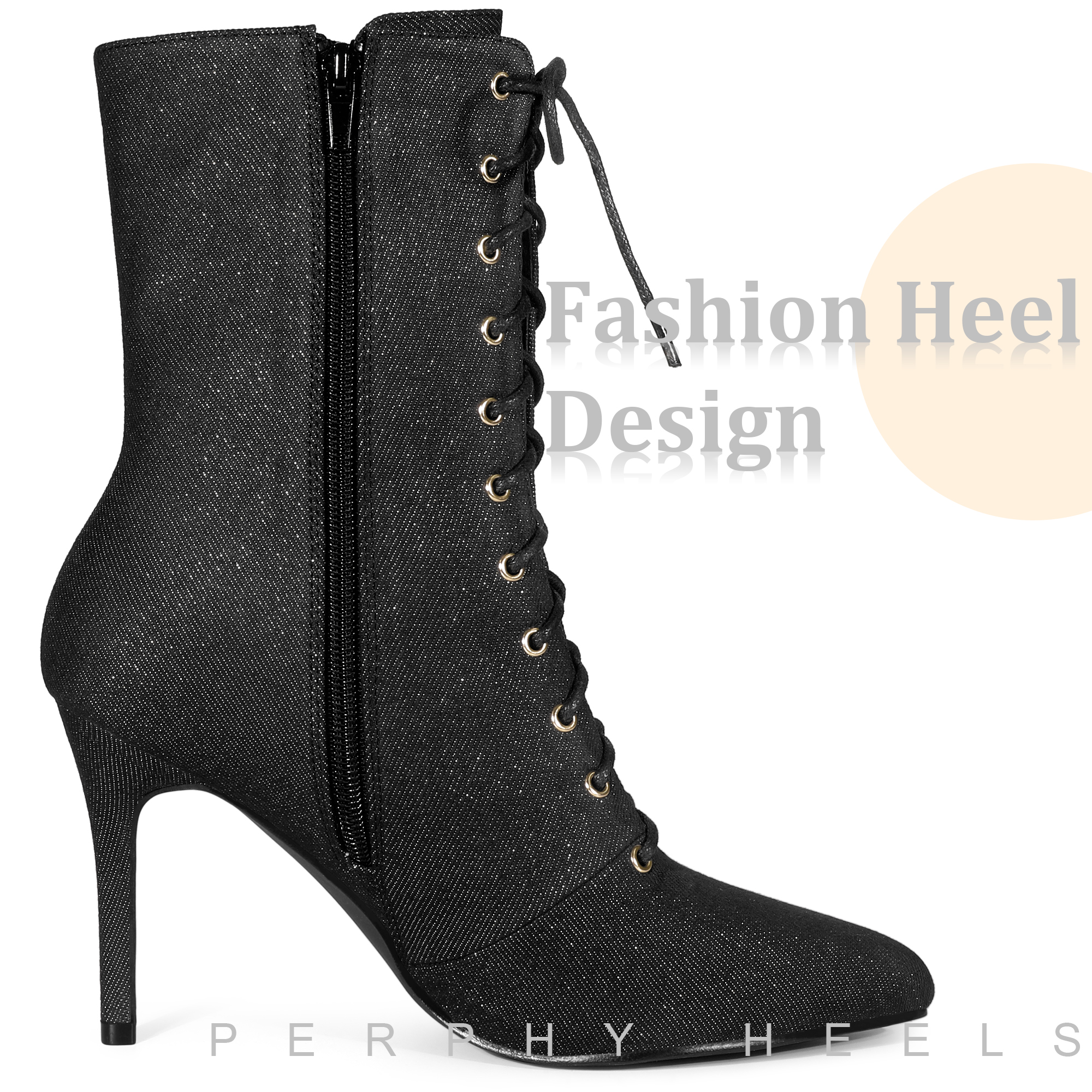 DARING DIVA Women's Stylish Denim Lace Up Stiletto Heels Ankle Boots Black US 8