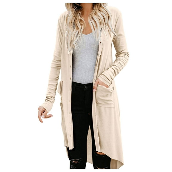 PMVFHDE Women's Winter Fashion Solid Color V-Neck Long Sleeve Button Cardigan Knit Long, Elegant for Work and Casual Beige，M