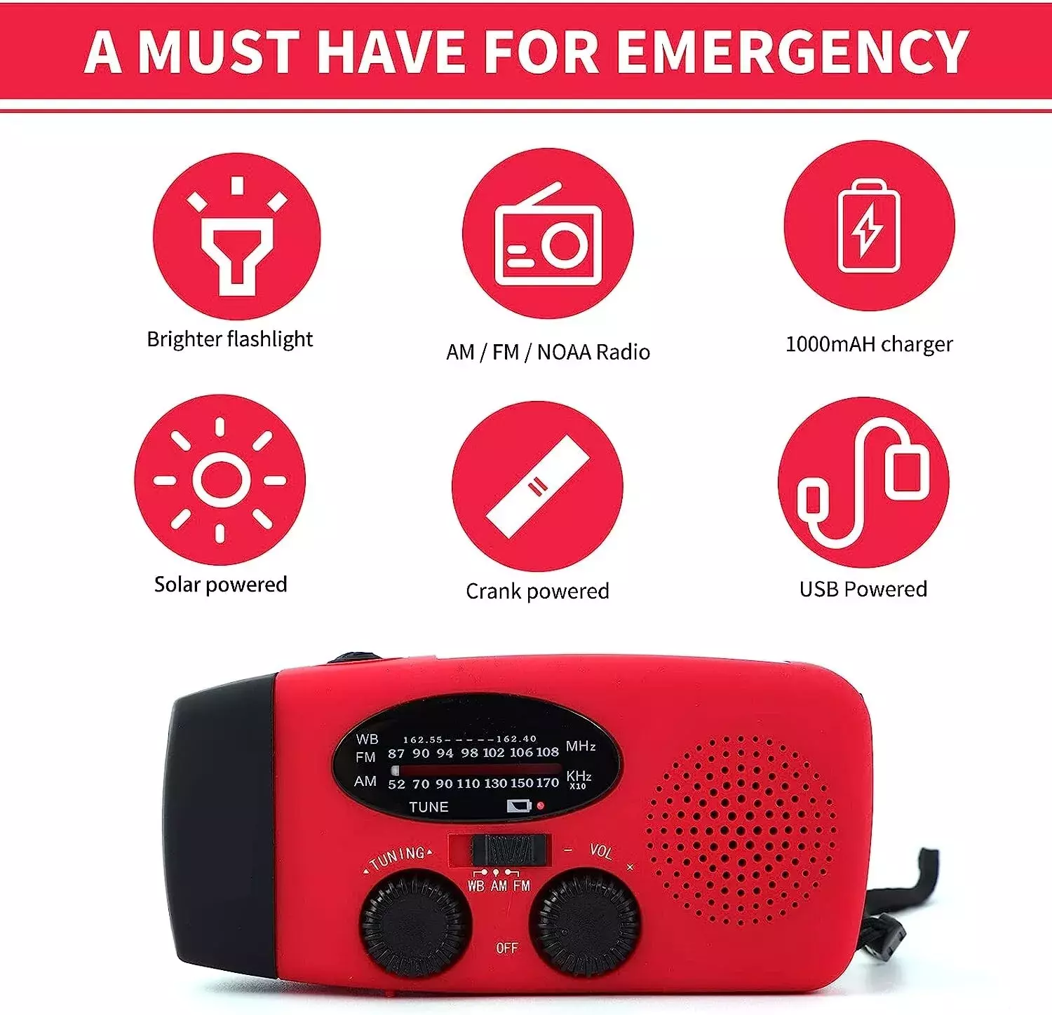 Emergency Radio Crank Solar Hand Weather 1000mAh Power Bank Charger Flash Light