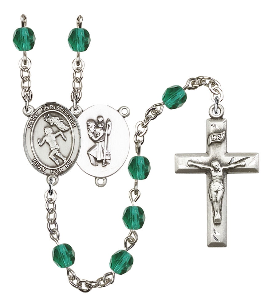 St Gift Boxed Christopher-Track & Field Center and 1 3/8 x 3/4 inch Crucifix Silver Finish St Christopher-Track & Field Rosary with 6mm Light Amethyst Color Fire Polished Beads