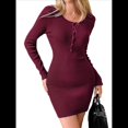 thumbnail image 1 of Vestido de Suéter de Larga para Mujer, Cuello en V, Ajustado, Minivestido de Otoño, Suéter de Invierno Acanalado de Moda para Mujer. Vino Tinto L, 1 of 7