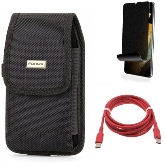 Red 6ft Long Cable & Privacy Screen Protector & Case Belt Clip for Samsung Galaxy S22 Plus (S22 ) - Combo USB-C to Type-C PD Fast Charger Cord & TPU Film (Fingerprint) Anti-Peep & Swivel Holster