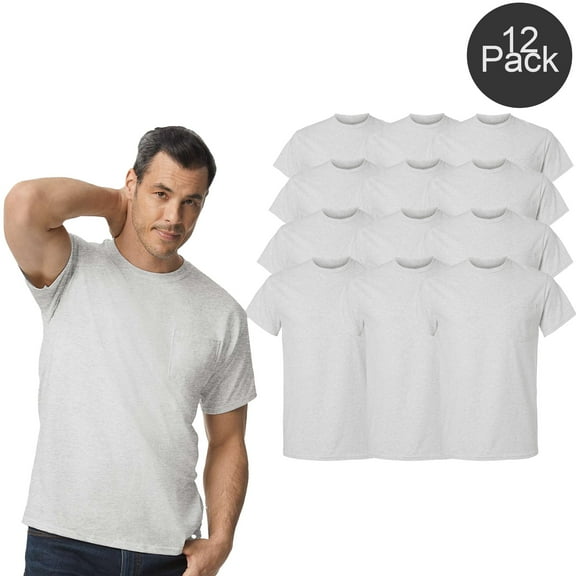 Gildan Men Crew Neck Pocket T-Shirt, Short Sleeve Classic Fit Bulk, Cotton Tee, Ash, S, 12 Pack