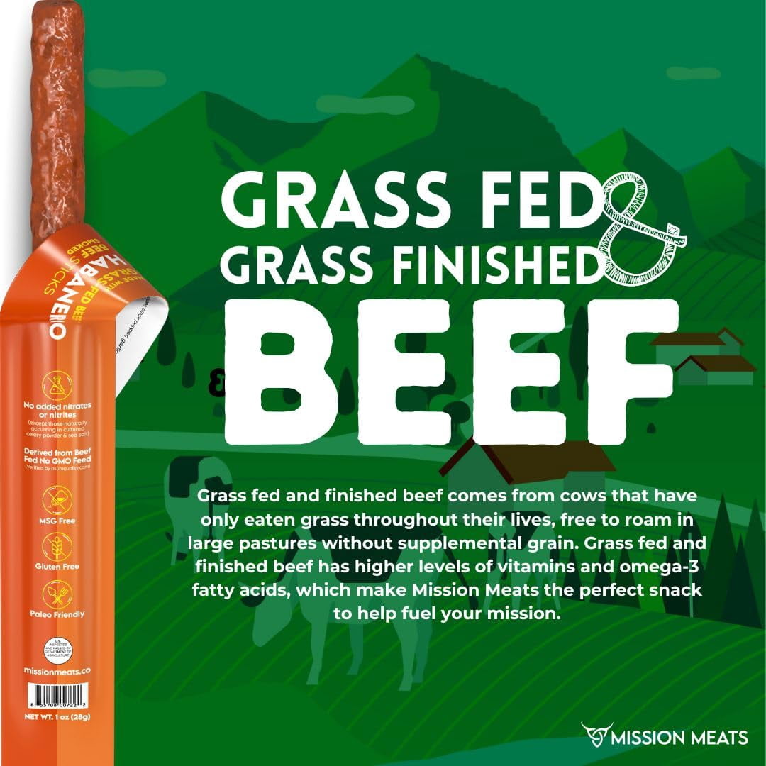 Mission Meats Beef Sticks – 100% Grass Fed & Pasture Raised, Sugar Free, Individually Wrapped Healthy Snacks, Whole 30 & Paleo Friendly, Habanero Smoked 1oz (12ct)