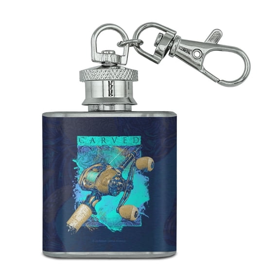 Carved Bass Fishing Rod Baitcaster Reel Stainless Steel 1oz Mini Flask Key Chain