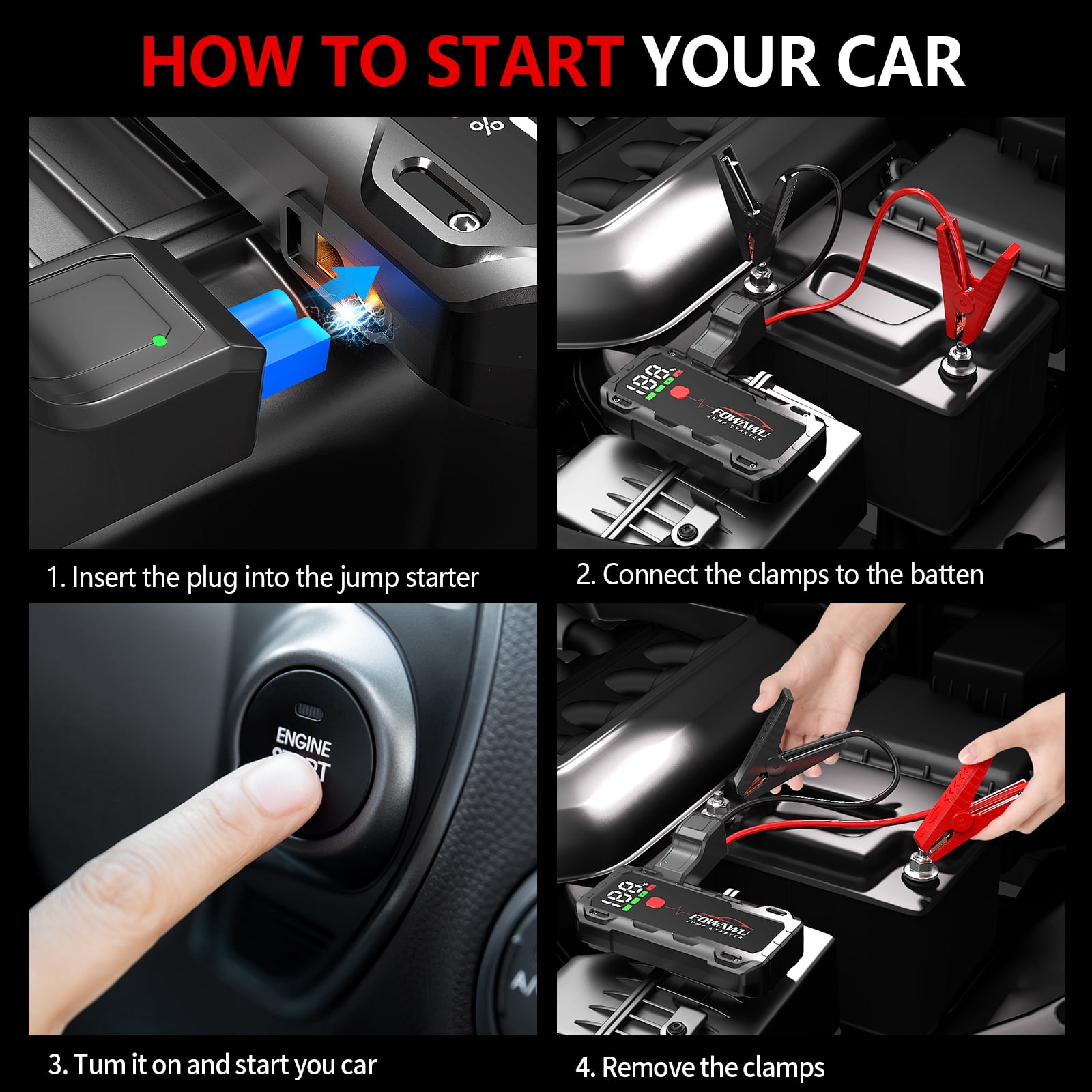FOWAWU 26800mAh 7000A Jump Starter for 12V Vehicles, Car Battery Jump Starter Power Pack with Smart Jumper