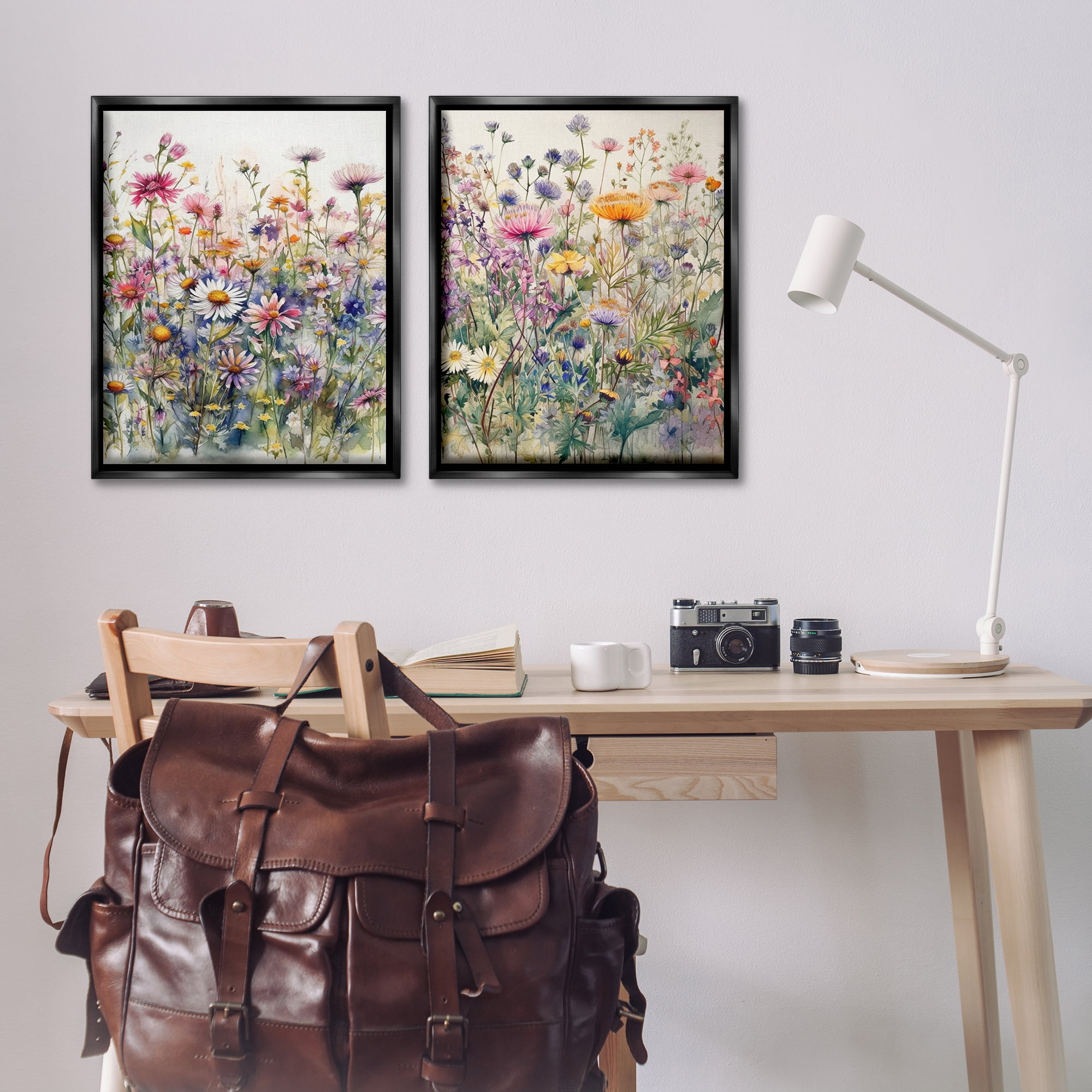 Stupell Industries Watercolor Daisy & Aster Field Plants & Flowers Painting Black Floater Framed Canvas Art Print Wall Art, 31 x 25, Set of 2