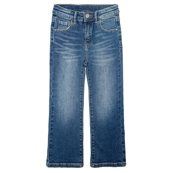 KIDSCOOL SPACE Little Girls Jeans,Elastic Band Inside Stretchy Micro Flared Boot Cut Denim Pants,Mid Blue,6-7 Years