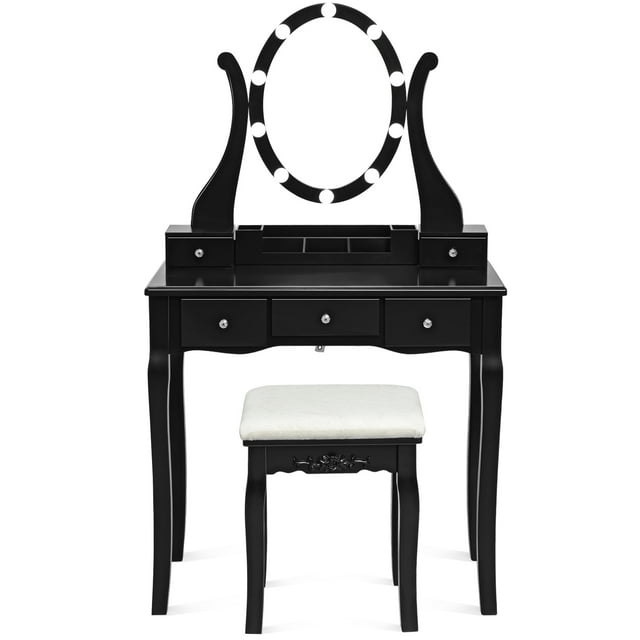 Patiojoy Coiffeuse Table de Maquillage Bureau avec Lumière DEL Tiroirs et Tabouret Noir