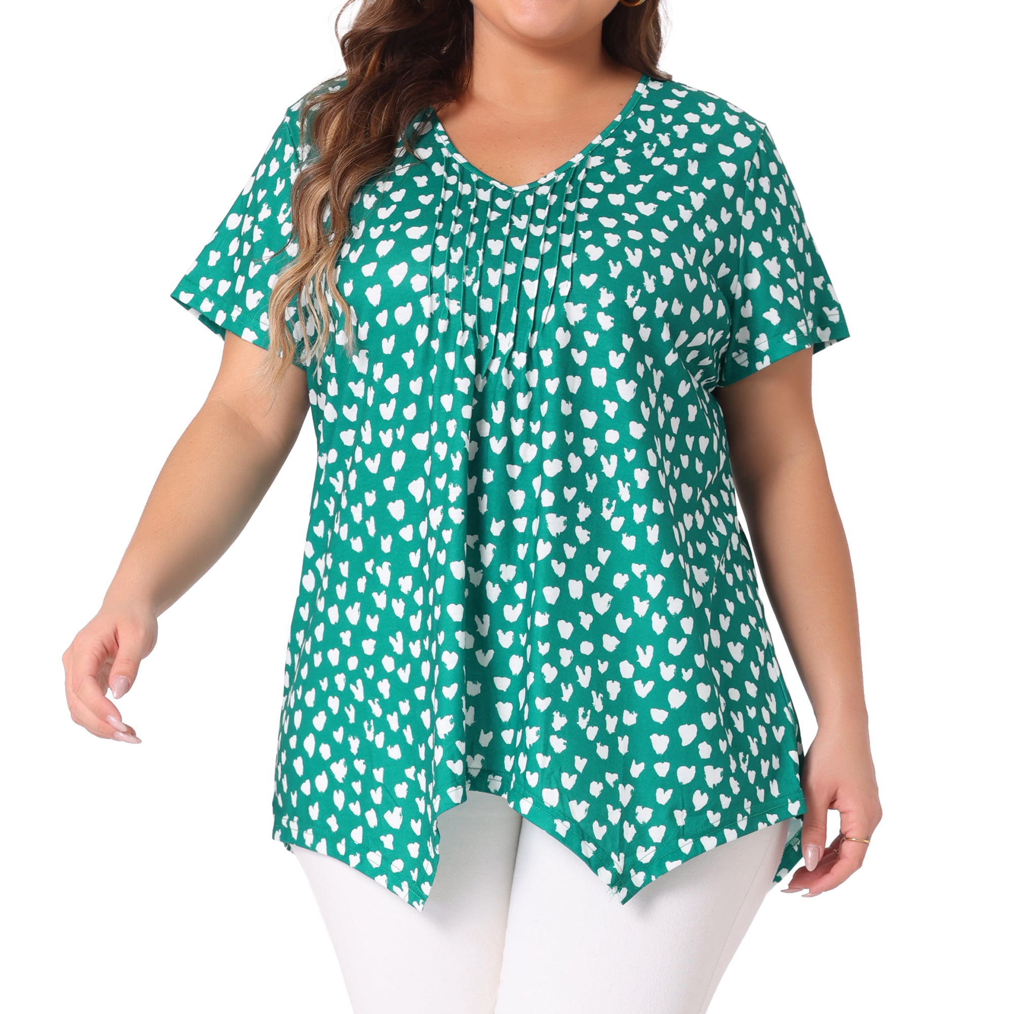 Unique Bargains Women's Plus Size V Neck Pintuck Short Sleeve Polka Dots Top 4X Dark Green
