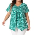 thumbnail image 2 of DARING DIVA Women's Plus V Neck Pintuck Short Sleeve Polka Dots Top 1X Dark Green, 2 of 6