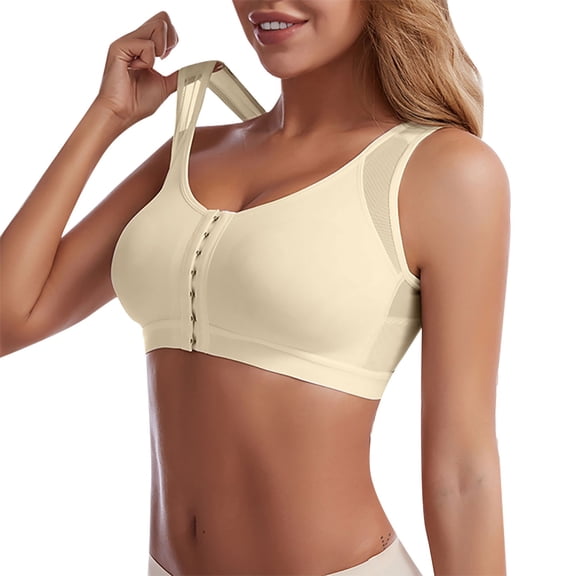 iHPH7 Sports Bra High Impact Front Closure Wirefree Padded Breathable Mesh Workout Yoga Gym Activewear Post Surgery Comfort Athletic Bra Beige L