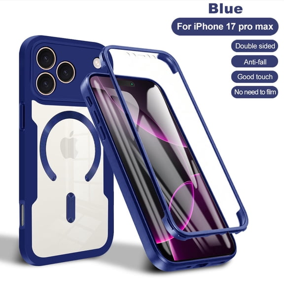 Moreoy Magnetic Case for iPhone 17 Pro Max with HD Screen Protector, Compatible with MagSafe, Camera Protection Soft Bumper Hybrid Slim Clear Full Body Protective Phone Case Cover,Blue