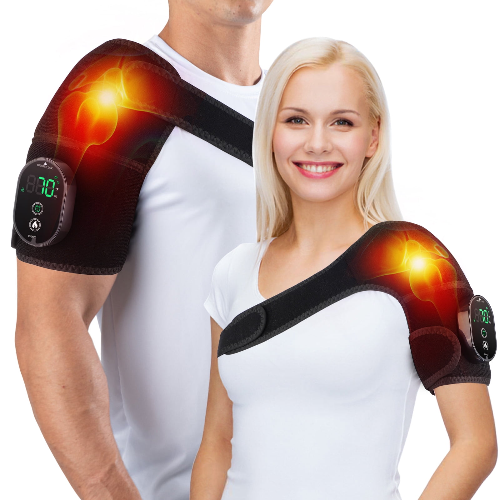 2PCS Heated Knee Massager, Cordless Heated Knee Brace Wrap with Massager for Knee, Knee Shoulder Elbow 3-in-1 Heating Vibration Massager, 3 Adjustable Heat and 3 Intensities, Black