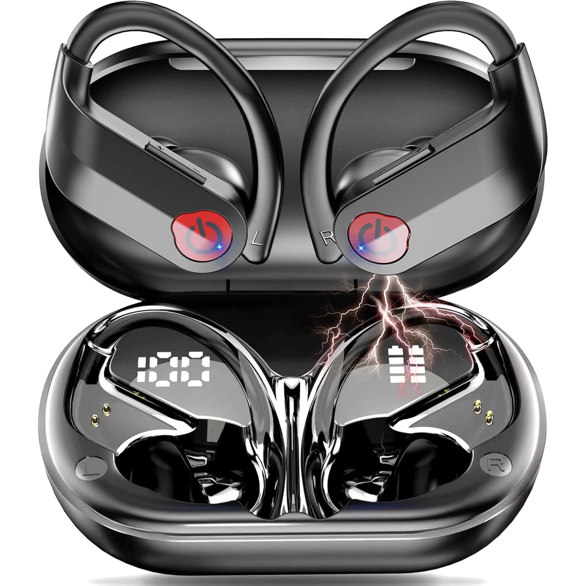 EUQQ Ear Buds Wireless Bluetooth Earbuds, Noise Cancelling Headphones 120H Playtime Bluetooth 5.4 IPX7 Waterproof Sports with Earhooks,LED Display Wireless Earphones for Running Gym Workout-Black