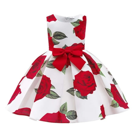 

Toddler Baby Girls Dress Rose Floral Print Sleeveless Bowknot Princess Dress Ball Gown Birthday Party Long Dresses Swing Dress