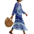 thumbnail image 3 of COEQINE Women's Midi Dress 3/4 Sleeve Wrap V-Neck Casual Sundress, Loose Fit Linen-Like Calf Length Tunic Dress for Women, Machine Washable, Size S, Blue Tie-dye, 3 of 6
