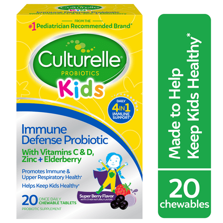 Culturelle Probiotics Kids Immune Defense Daily Chewables Supplement, 4-in-1 Immune Support for Children, Super Berry Flavor, 20 Count