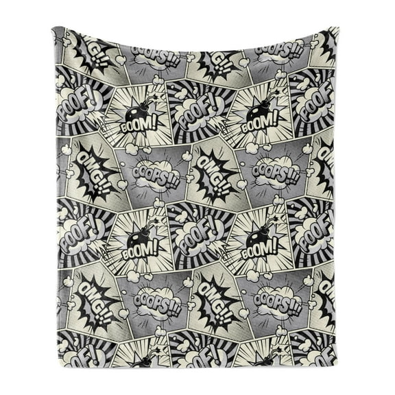 Comics Soft Flannel Fleece Blanket, Bubbly Poof Boom Omg Bubbly Calligraphy Design in Clouds Smoke Burst, Cozy Plush for Indoor and Outdoor Use, 60" x 80", Dark Night Blue Eggshell, by Ambesonne