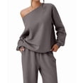 thumbnail image 2 of Women'S 2 Piece Outfits Off the Shoulder Crop Top Wide Leg Sweatpants Matching Lounge Sets Gray XXL, 2 of 8