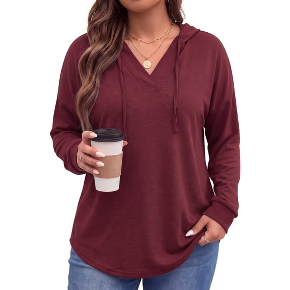 WellSize Womens Plus Size Hoodies Trendy Drawstring Sweatshirts for Women Casual V Neck Tops Fall Lightweight Pullover