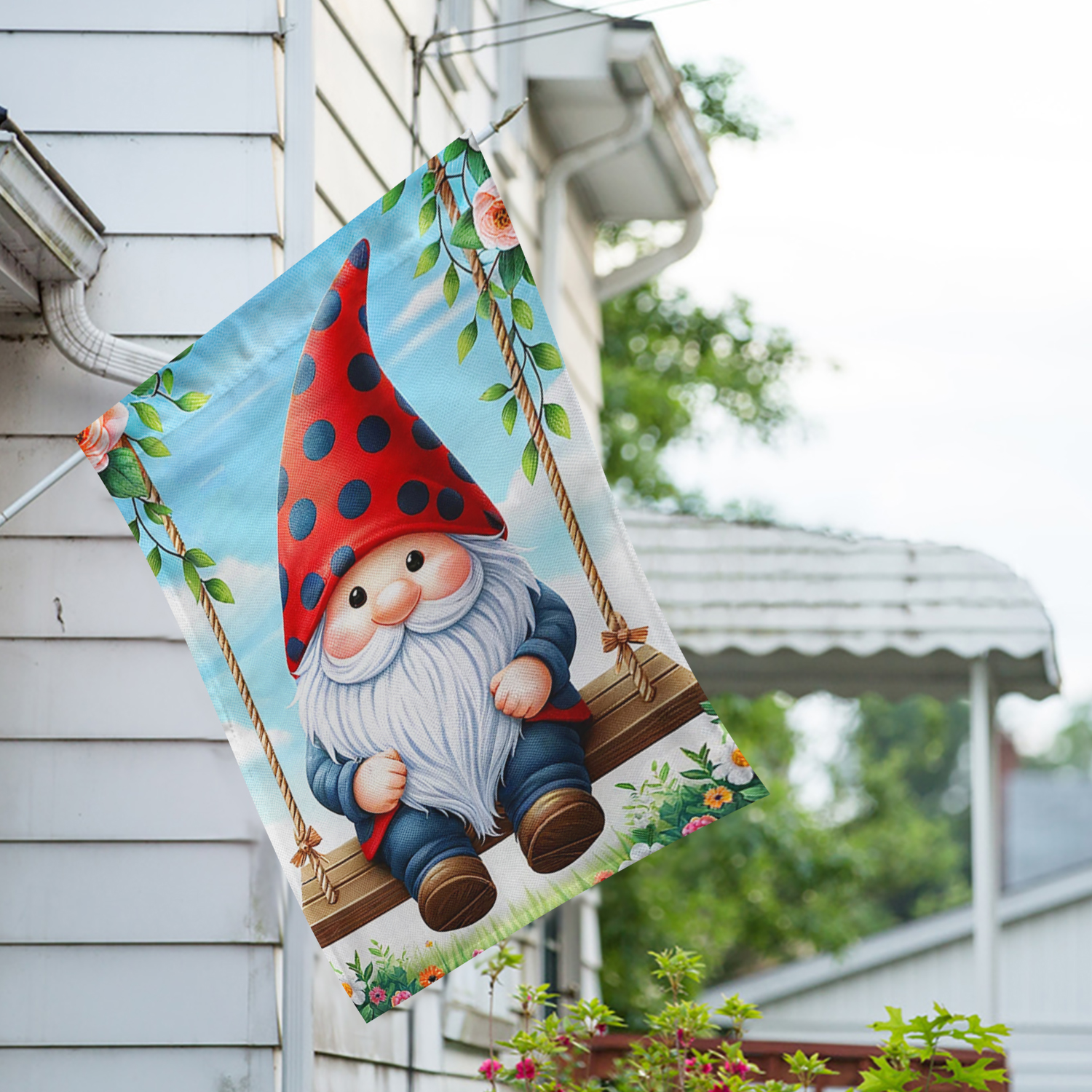 America Forever Gnome Spring Swing House Flag 28 x 40 inch Double Sided Garden Gnome Tree Swing Roses Flowers Spring Summer Seasonal Outdoor Yard Decorative Flag