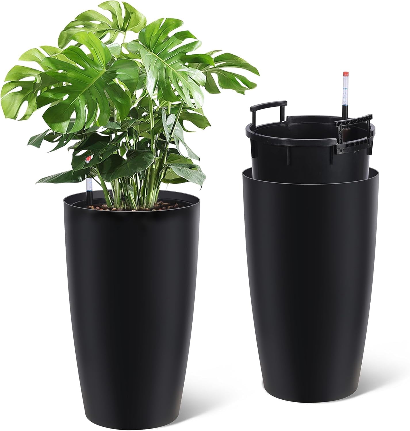 Goldensoil 2 Pack 21.5" Tall Round Planter Pots, with Water Level Monitor ＆ Inner Bucket, Black