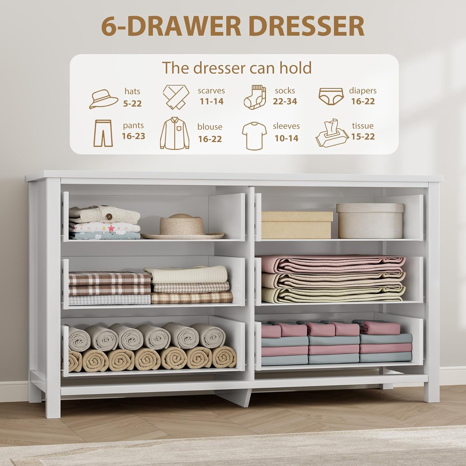6 Drawers Dresser, 47 Inch Wide Chest of Drawers, Large Clothes Storage Cabinet & TV Stand, Wood Bedroom Dresser for Nursery, Living Room, Hallway, White