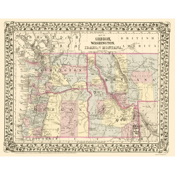 Historic State Map - Oregon Washington Idaho Montana - Campbell 1879 - Vintage Wall Art