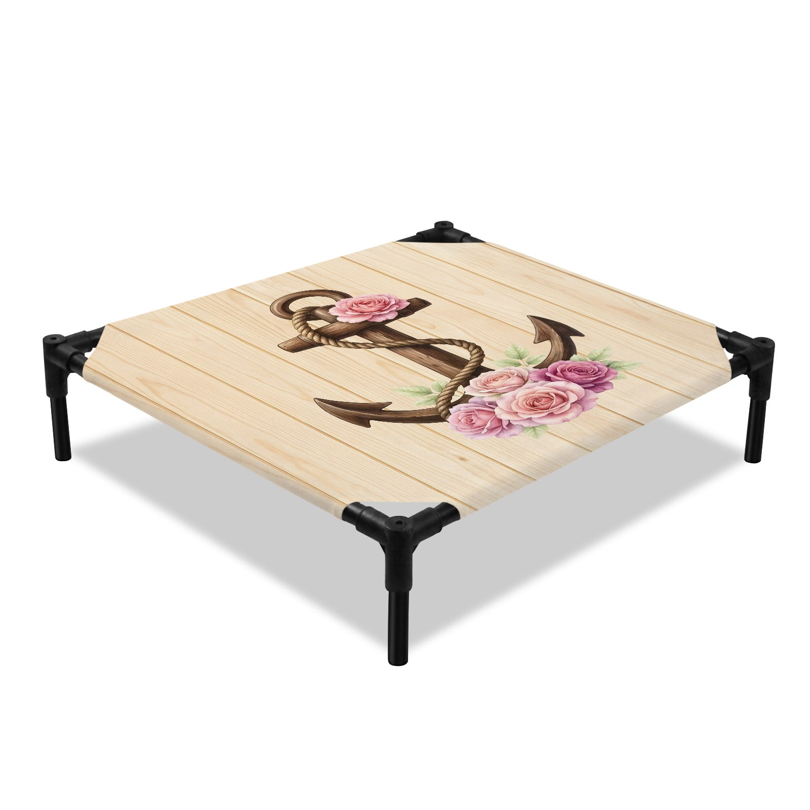 Nautical Anchor Elevated Dog Bed Retro Pink Rose Flower Brown Wood Striped Cooling Breathable Outdoor Raised Dog Cot Bed with Metal Frame Non-Slip Feet for Small Dog 20x20in
