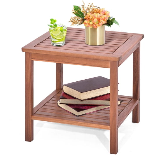 Costway Patio Acacia Wood Side Table 2-Tier Square End Table Porch Poolside Natural