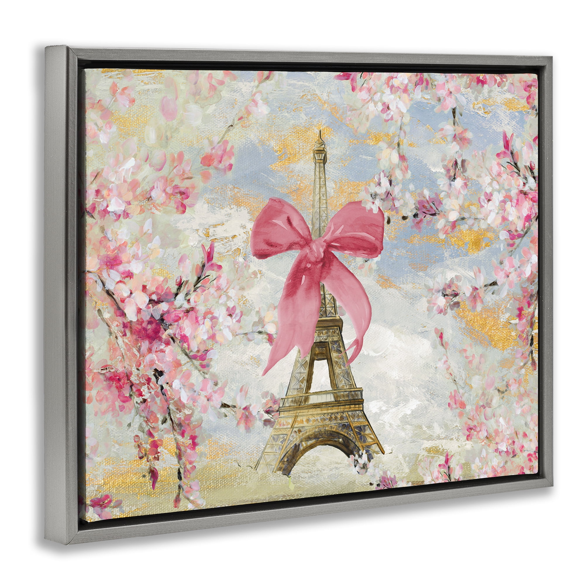 Stupell Industries Eiffel Tower on Cherry Blossoms Fashion Painting Gray Floater Framed Canvas Art Print Wall Art, 21 x 17