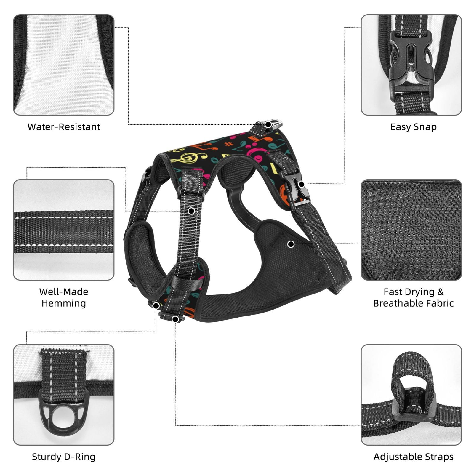 Fuzoiu Music Notes Print Reflective Dog Harness,Adjustable, Breathable Pet Vest,Dog Harness No Pull,No Choke Pet Vest for Small, Medium, and Large Dogs-Large