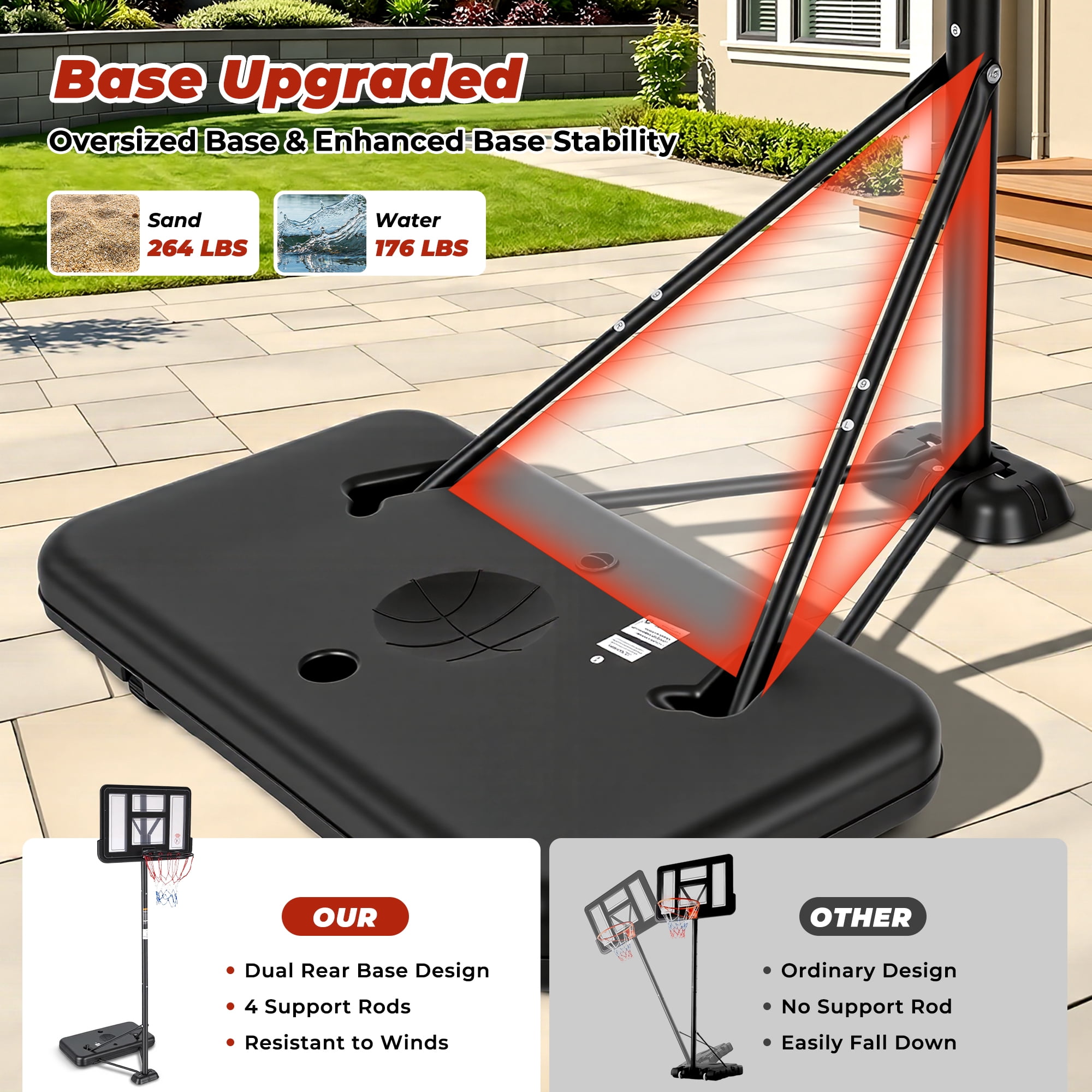 Naipo 44”Portable Basketball Hoop with Upgraded Dual Rear Base 3.5 to 10 FT Adjustable Basketball Stand 270° Safe Play Zone for Everyone in Family