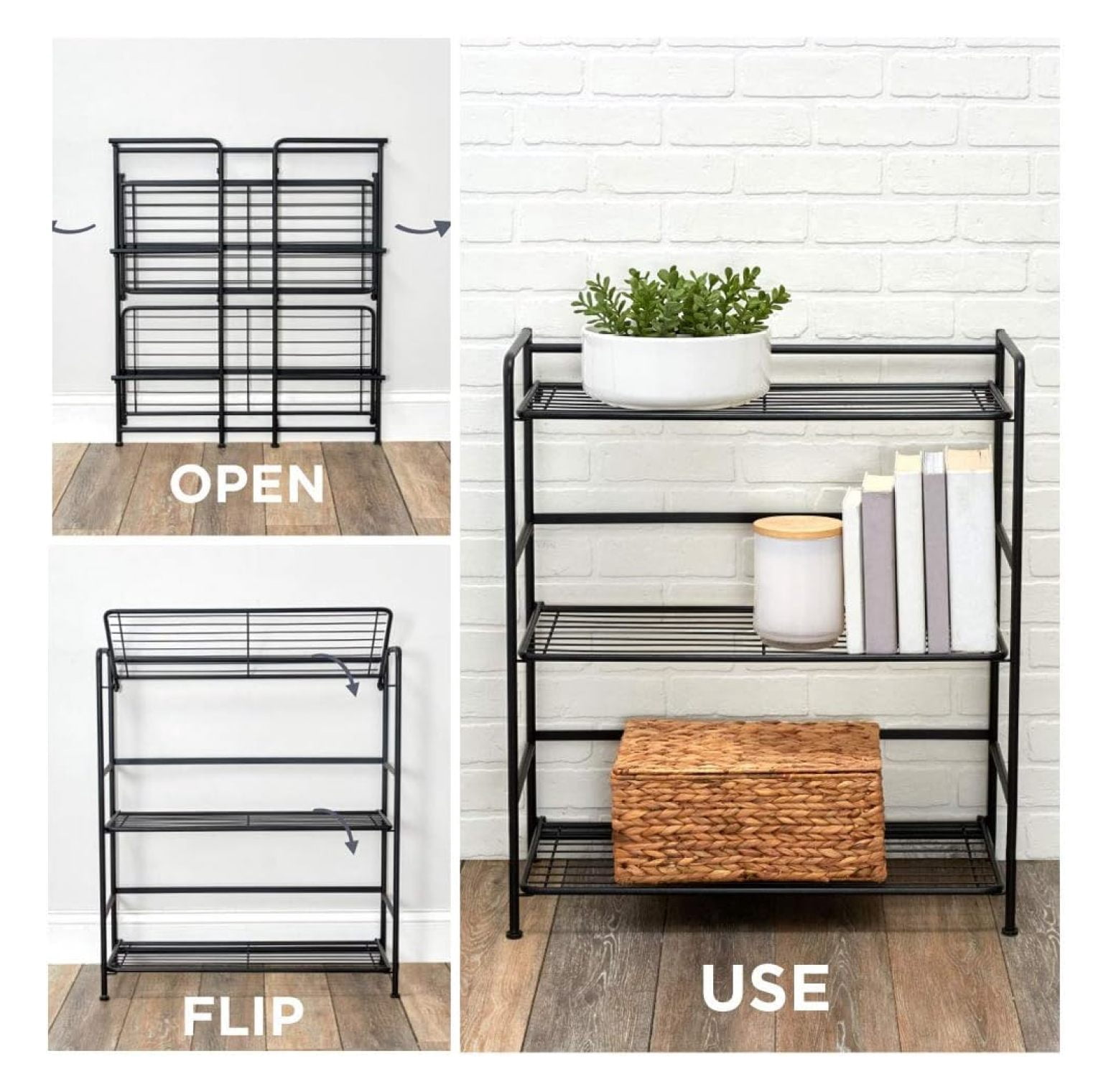 Folding Metal Bookcase-Small Space -No Assembly-Home, Kitchen, Bathroom and Office Black, 3 Shelves, Wide