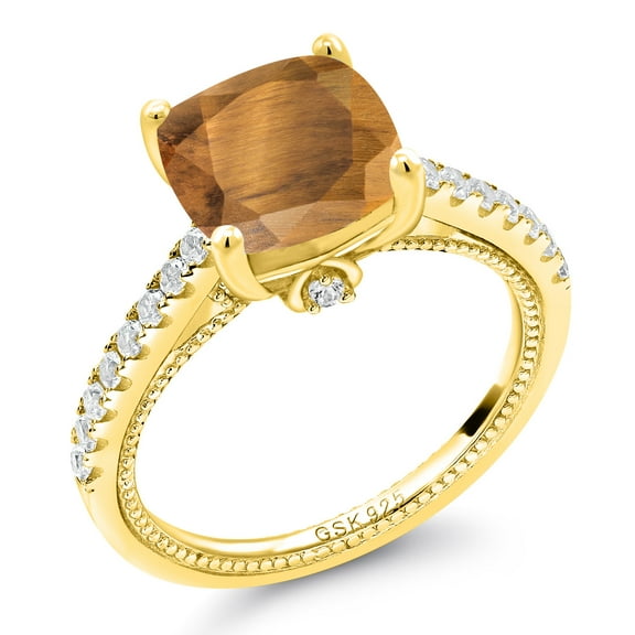Gem Stone King 3.77 Ct Brown Tiger Eye White Created Sapphire 18K Yellow Gold Plated Silver Ring (Size 7)