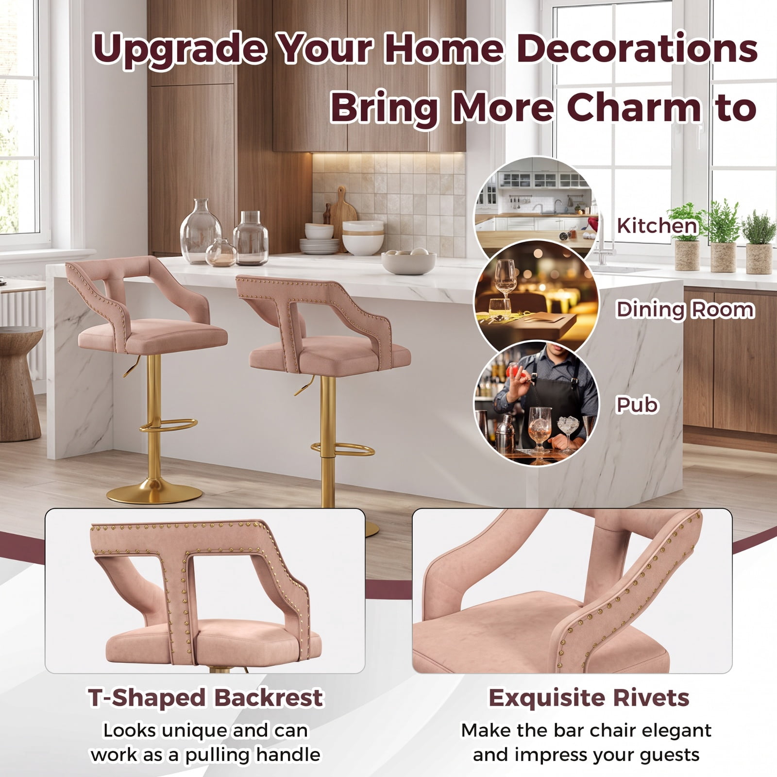 Furnibear Set of 2 Bar Chairs with Footrest and 2-Layer Electroplated Metal Base for Kitchen Island Counter Bar Pub Dining Home, Pink