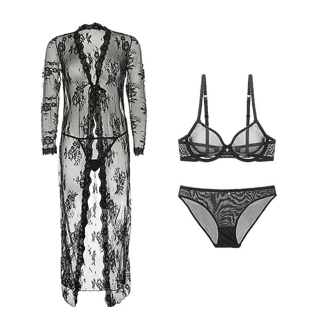 Women's Lingerie Set lace Robe and See-Through Bra and Panties and Thong 4 pcs