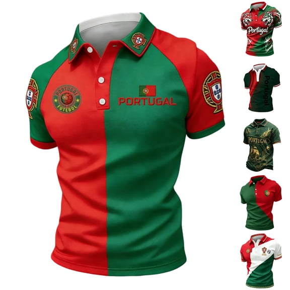 2026 Soccer Cup Jersey for Men, Polo Collar Short Sleeve Portugal Flag Crest Graphic Top - Breathable Fan Shirt for Match Day & Casual Wear Army Green L