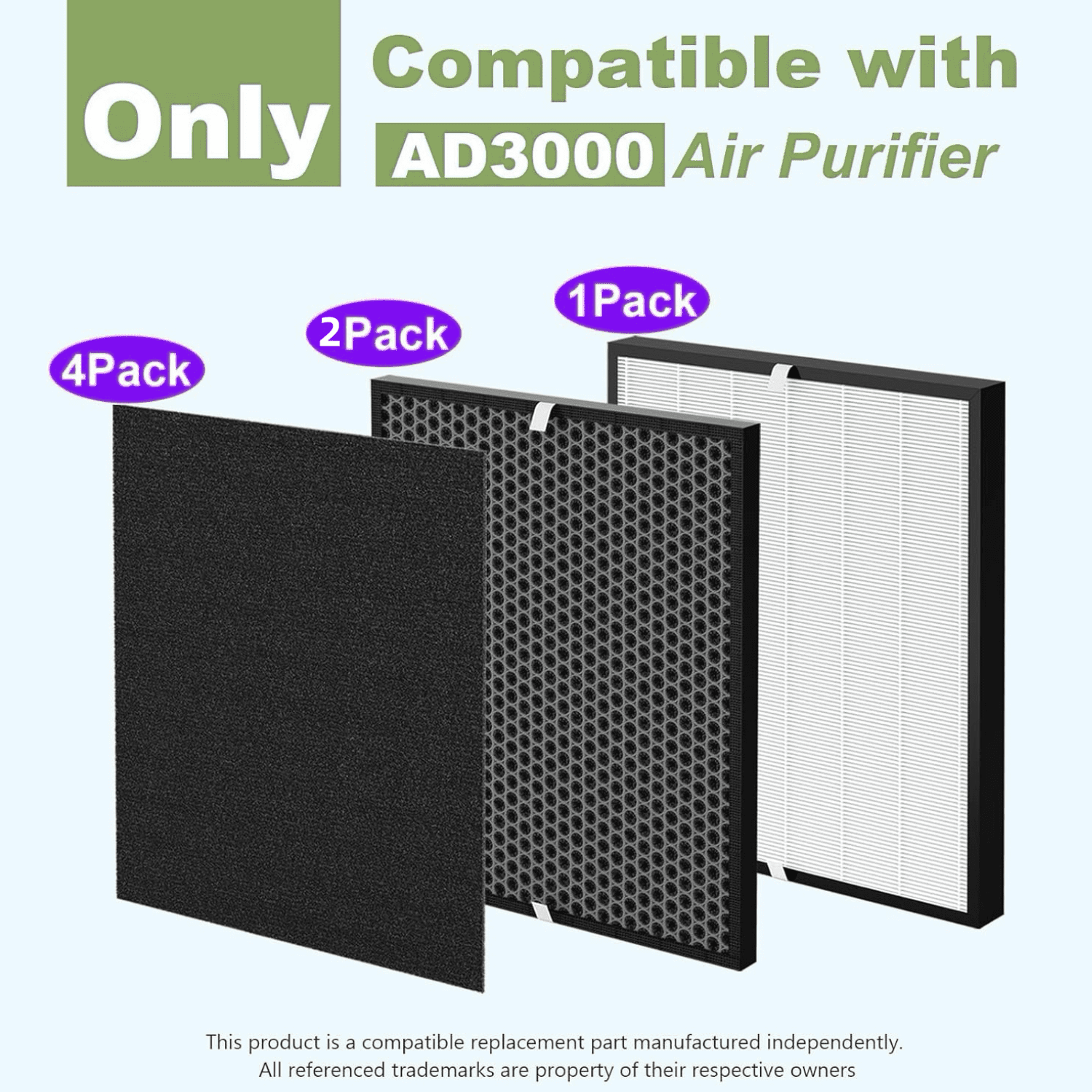 3000 Replacement Filter Compatible with Air Purifier Ad3000 Series, Includes 1x White Filter, 2x Carbon VOCs and 4x Extra Pre Filters Combo