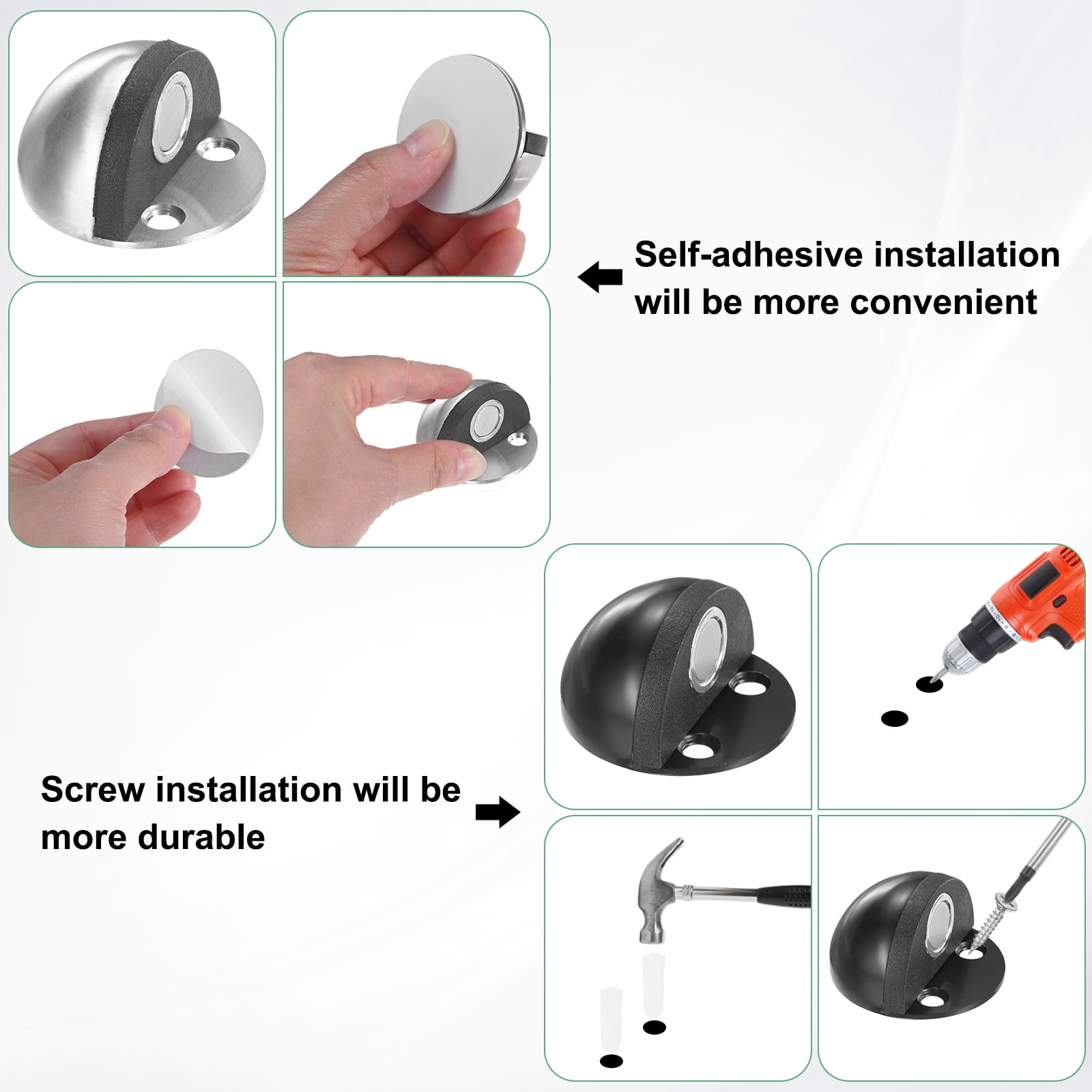 Uxcell 4-Pack Floor Mounted Door Stops, Stainless Steel Half Dome Magnetic Gate Stopper with Plastic Rubber Bumper [Black]
