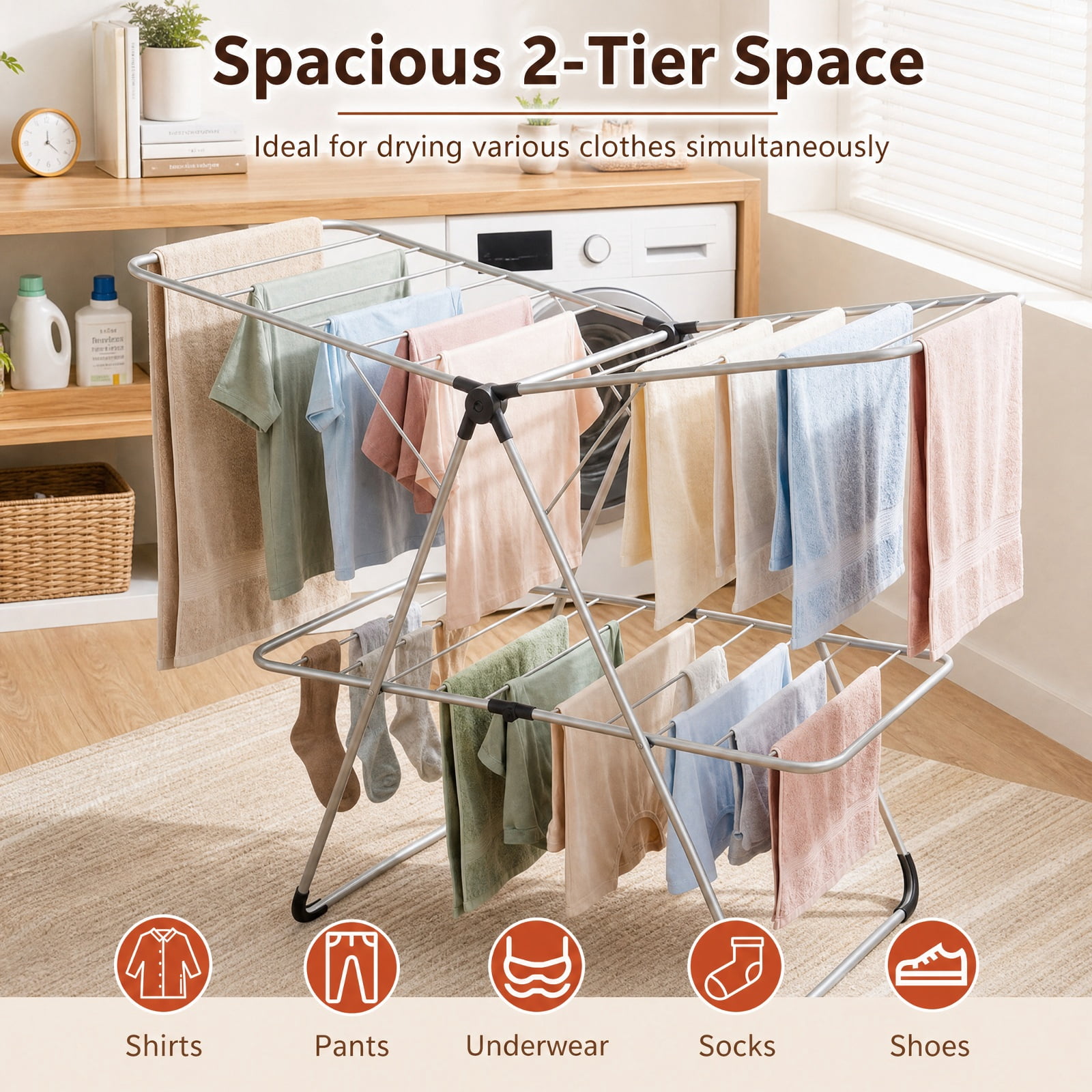 Vebreda Foldable Clothes Drying Rack, Foldable 2-Tier Clothes Drying Rack Heavy-Duty Aluminum Stainless Steel Laundry Airer, laundry drying rack