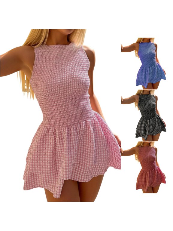 Women's Gingham Smocked Sleeveless Mini Dress Ruffled Layered Skirt