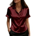 thumbnail image 2 of ClodeEU Silk Satin Button Down Shirts for Women ,Short Sleeve V Neck Casual Work Office Blouse Tunic Tops Red,Womens Plus XL, 2 of 6