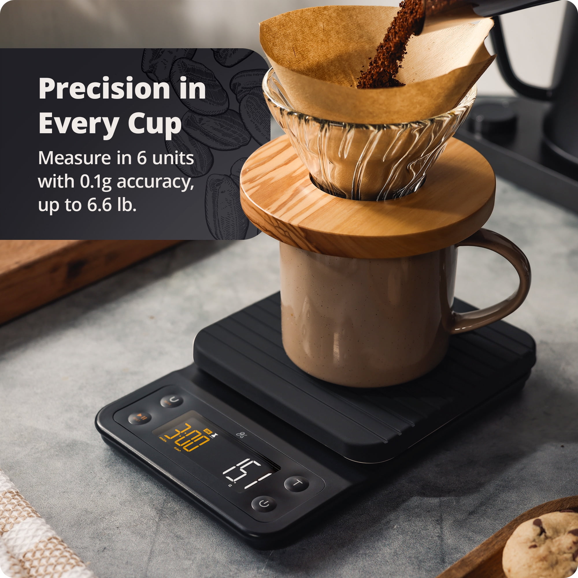 Greater Goods Coffee Scale with Timer, 0.1g Precision, 3kg Capacity, 6-Unit Digital Espresso & Pour-Over Scale, Silicone Waterproof Cover, Auto Shut-Off (Onyx Black)