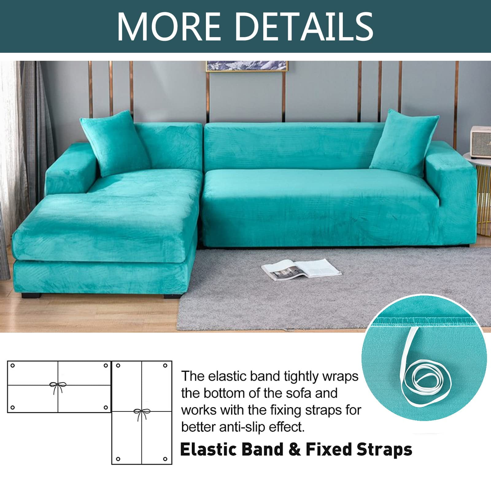 Stretch Sectional Couch Covers Velvet, L-Shaped Sofa Covers Velvet 2 Piece Soft Furniture Protector with Elastic Bottom for Dogs Cats -Light blue-4-seater + 4-Seater